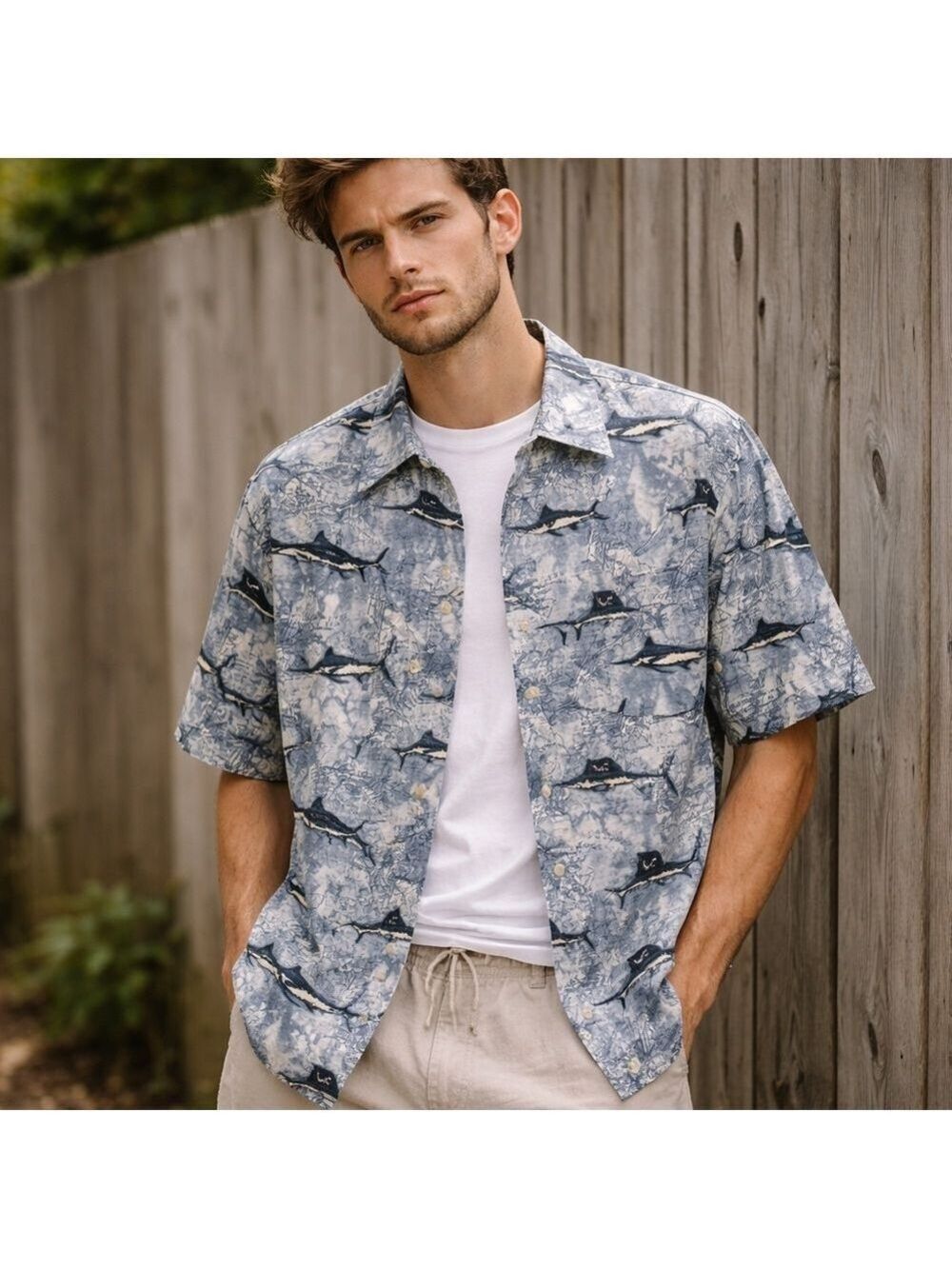 Vintage Ivy Crew Fisherman Print Button Up Shirt Men’s M Blue Dadcore